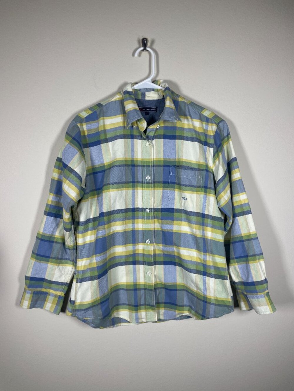 Roper Women's Green Blue Plaid Button-Up Western Shirt Large Cotton!